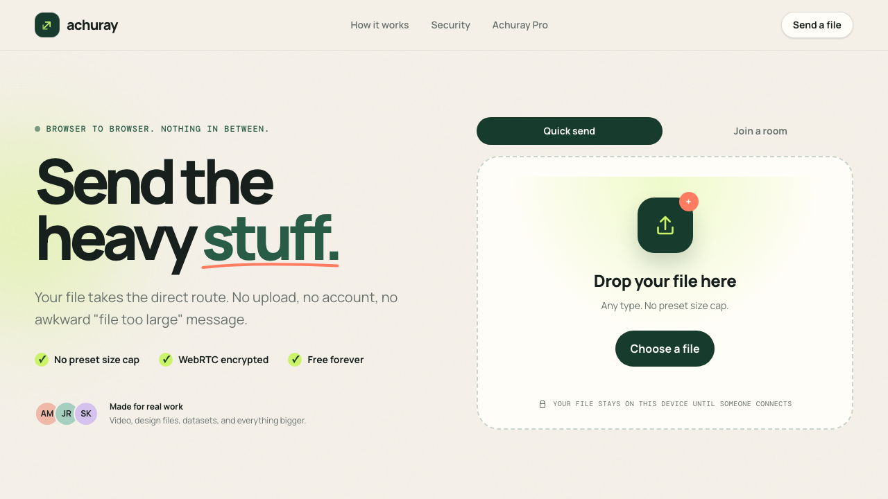 Achuray: Send Large Files with No Size Limit via Direct Browser WebRTC